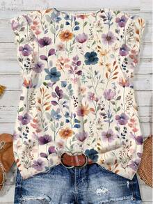 EMERY ROSE 休闲简约浪漫印花V领荷叶边短袖上衣，适合大码女性，夏季度假穿着 - 彩色 - 查看 2