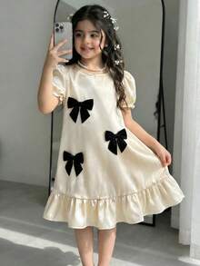 Elladie kids Soft Beige Flower Girl Party Dress For Kids,Summer Charming Young Girls Puff Sleeves Pearlescent Decor Gown With Black Bows,Round Neck Adorable Bride - Apricot - View 3