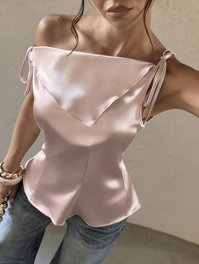 Bluhae Áo sơ mi nữ satin mới, cổ áo bất đối xứng, thời trang, đa năng.