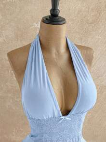 Soleia Elegant Light Blue Summer Tea Party Dress For Women,Halter Tie Strap Ruffle Lace Backless Bow Decor Mesh Mini Dress,Beach Wedding Guest Attire,Boho - Baby Blue - View 6