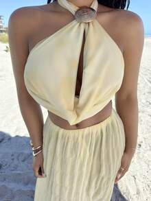 Alexandranx 女士性感优雅交叉垂坠领镂空扎染印花露背垂坠领吊带背心 - 黃色 - 查看 4