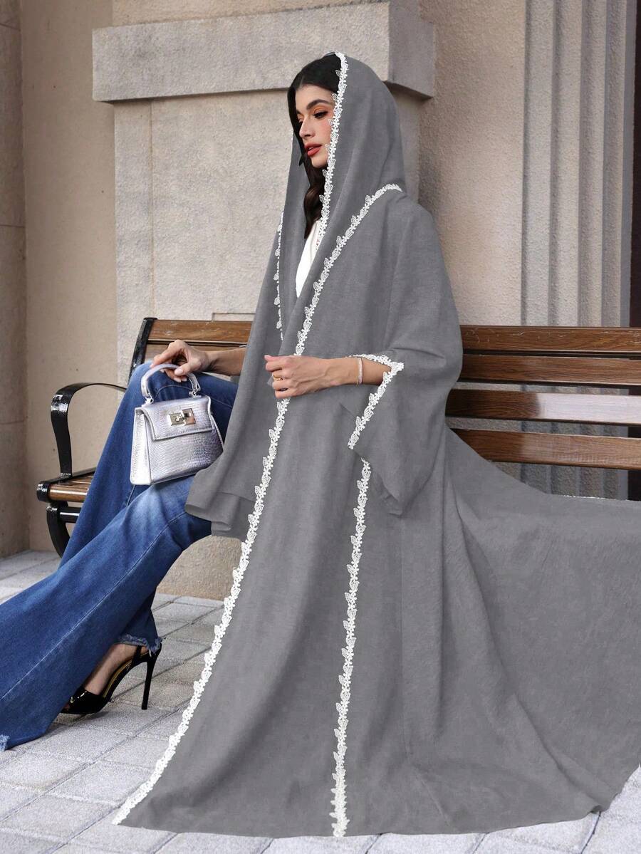 Yasmyna Áo choàng Abaya tay dài dáng rộng, phối ren, dành cho nữ - Màu Xám nhạt - Xem 1