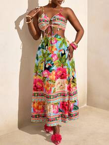 BamGleam 女士热带印花镂空系带露背吊带连衣裙，度假沙滩装 - 彩色 - 查看 5