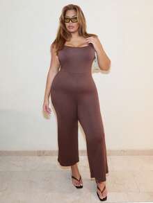 MelDlgn Plus Size Spring/Summer Women's Solid Color Elegant Loose Casual Off The Shoulder Sleeveless Sports Academy Simple Casual Square Neck Wide Leg Jumpsuit - Coffee Brown - View 1