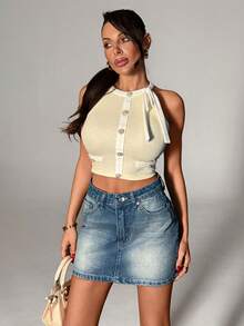 SHEIN Cottnline Y2K Aesthetic High Waist Vintage Distressed Washed Denim Mini Skirt, 5-Pocket Denim Mini Skirt - Medium Wash - View 1