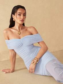 Silquee Damen Hellblau Off-Shoulder gerafftes Mesh Kleid, verführerisches figurbetontes Oberteil A-Linien-Rock, Sommer Party Nacht Tag Party elegant sexy Abend - Blau - Übersicht 7