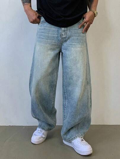 DAZY Men's Washed Vintage Blue Long Denim Jeans, Suitable For Spring And Autumn