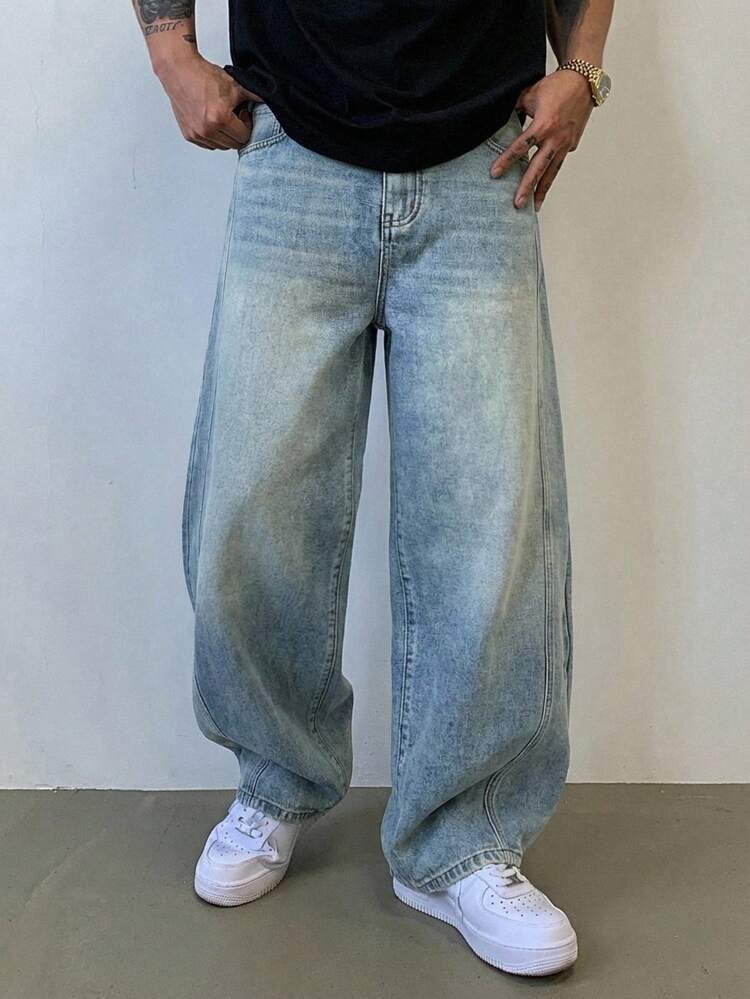 Men's Washed Vintage Blue Long Denim Jeans, Suitable For Spring And Autumn