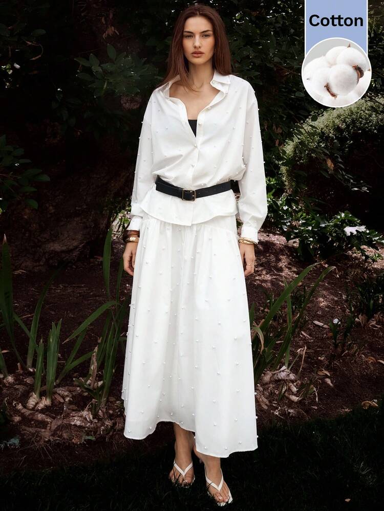 SHEIN Maija Outfit Deas For Skirt,Women's Solid Color Faux Pearl Decor Elegant A-Line Midi Skirt,Weddings & Events ,White Skirt,Party Outfit,Summer Outfits For Women, Weddings & Events , Skirt For Wedding Guest Long Skirt With Top White Long Skirt Pure Cotton Skirt Women Elegance Long Skirt Long Skirt Pearl Decorations