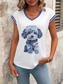 Camiseta gráfica de mujer con estampado de corazones de colores en el hombro y la manga conectada - Azul - Ver 3
