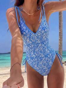 Swim Mod 女士连体随机热带碎花露背系带抽绳沙滩度假休闲派对泳衣 - 彩色 - 查看 6