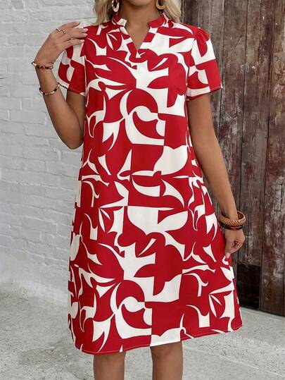 EMERY ROSE Plus Size Women's Summer Casual Vacation Country Red Geometric Print Short Sleeve Dress,Summer\Vacation,Summer Holiday,Spring Break Outfits ,Vacation Outfits Women ,Holiday Outfits For Women,Going Out Outfits,2026 New Clothes,Simple And Fashionable For Everyday Wear,Suitable For Summer, Vacation, Daily Wear,Suitable For Summer, Vacation, Daily Wear,Dresses For Women,Flowy Dress ,Beach Outfits For Women,Casual Vacation Boho Dress