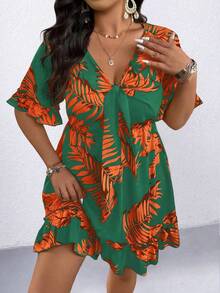Rometta Đầm ngắn tay buộc dây phía trước in họa tiết cây nhiệt đới dành cho nữ cỡ lớn - màu xanh lá - Xem 5