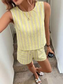Easowa 女士休闲条纹无袖上衣和裤子两件套，夏季套装 - 黃色 - 查看 6