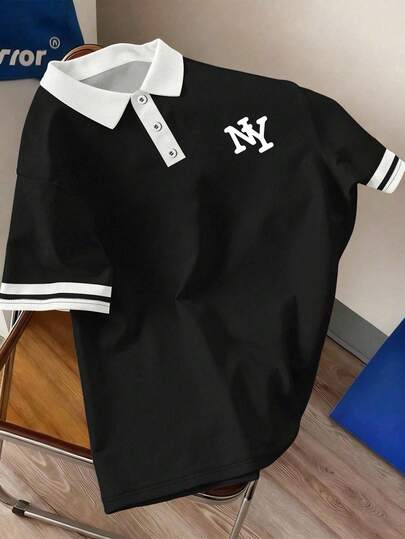 Manfinity Joysei Black & White Quarter Button-Up Polo Shirt Men's Black & White Contrast Color Polo Shirt, NY Logo, Loose Fit, Turndown Collar Short Sleeve T-Shirt, Versatile Minimalist Casual Half-Placket Shirt  Summer Tops  Summer Outfits For Women  Black Top  Going Out Top  Vacation Outfits  Summer Top  Tshirts For Women  Men Clothes  Holiday Outfits