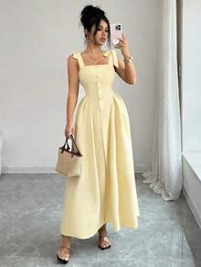 Elenzga 新款系带肩部纹理双色编织中长连衣裙，青春优雅百搭的办公服饰 - 鵝黃色 - 查看 7