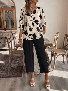 EMERY ROSE Bộ áo sơ mi và quần lửng in họa tiết hoa dành cho nữ - Màu be - Xem 3