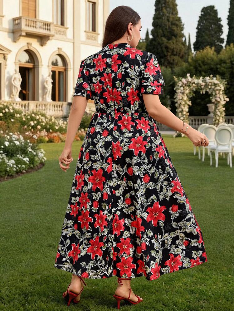 Plus Size Women Elegant Floral Print Ruffle Sleeve Maxi Dress