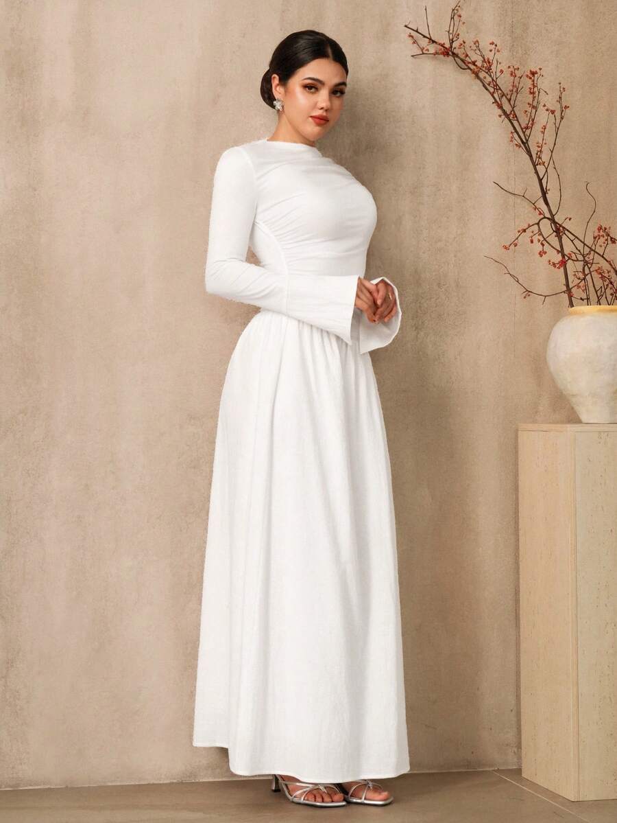 Graceveil Đầm dài tay chuông màu trơn thanh lịch cho nữ, đầm dài trắng cho nữ, đầm dài có tay áo, đầm sang trọng cho nữ, đầm cưới dân sự thanh lịch cổ điển cho cô dâu, đầm đơn giản cho nữ, đầm dự tiệc cho nữ, đầm trang trọng cho nữ, đầm nữ thanh lịch cổ điển, đầm cưới thường ngày cho nữ, đầm kín đáo. - trắng - Xem 1