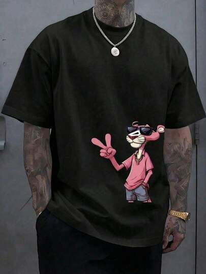 Camiseta de verano con cuello redondo y diseño de leopardo rosa para hombres, manga corta, estampado de dibujos animados. Opciones multicolor. Camiseta hombre con estampado de dibujos animados.