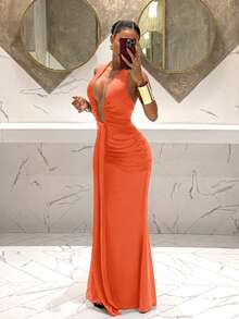 Slaydiva 2025新款优雅深V领美人鱼连衣裙，适合派对、生日、酒吧、夜店、情人节、万圣节、圣诞节等场合 - 棕色 - 橘色 - 查看 3