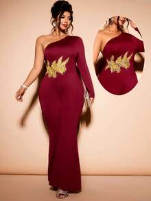 Cravure Plus Size Women Knitted Elegant One-Shoulder Long Sleeve Jumpsuit With Gold Applique, Burgundy - Burgundy - View 1