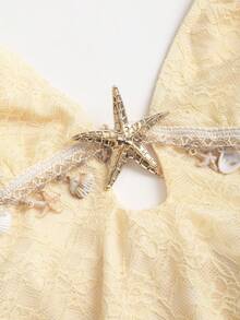 Sweetra 美式休闲度假风露背吊带蕾丝设计多层腰身收腰修身夏季时尚新款假日沙滩性感连衣裙 - 黃色 - 查看 7