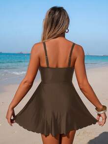 Swim Lushoire Set Baju Renang Wanita Warna Polos dengan Tali Bahu dan Hiasan Ruffle untuk Liburan Pantai Kasual Tropis, Musim Semi/Panas Cokelat - Coffee Brown - View 2