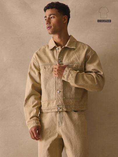 Musero 宽松廓形长袖纽扣短款牛仔上衣，大号双前口袋牛仔外套，春夏必备单品