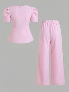SHEIN 2件套女童花瓣袖上衣，斜扣褶裥下摆，搭配直筒阔腿裤套装 - 粉色 - 查看 2