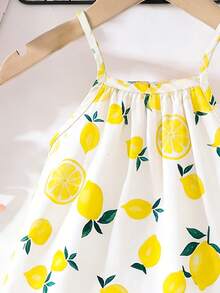 SHEIN Playful Pals Baby Girls' Lemon Print Sleeveless Dress, White Base With Vibrant Colorful Pattern, Suitable For Summer Wear - Yellow - View 3