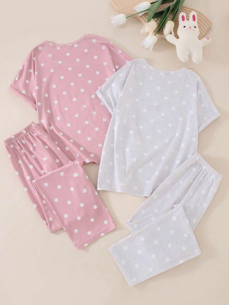 4-Piece Set Girls' Cute Rabbit Cartoon Pattern Pink And White Polka Dot Pajama Set,Summer Short-Sleeved Top And Pants Sleep Wear,Girly Outfit For Kids - Multicolor - View 1