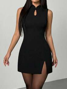 SHEIN PETITE Đầm ngắn không tay màu đen kiểu Trung Quốc cổ điển, ôm eo, xẻ cổ, khoét rỗng, dành cho nữ, thích hợp cho mùa xuân/hè. - màu đen - Xem 8