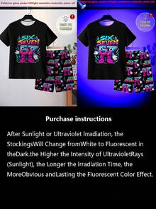 男童夜光闪电印花睡衣套装，包括圆领上衣和紧身短裤，2 件/套（需紫外线照射） - 黑色 - 查看 4