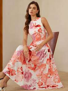 BELROSIE Robe maxi élégante et décontractée pour femmes, avec imprimé floral romantique oversize, col rond, sans manches, taille cintrée et design de fronces sur les côtés - Multicolore - Voir 1