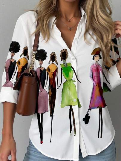 EMERY ROSE Women's Character Print Button Design Shirt Fall Cloth For Women