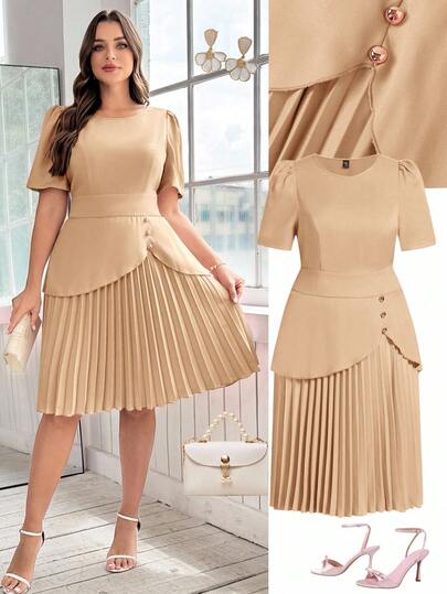 Ellevyn 大码纯色不对称设计金属扣装饰优雅OL褶裥连衣裙