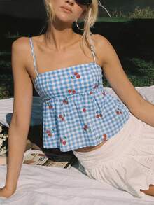 MainGRL 蓝白格子红色樱桃印花女士吊带背心 - 藍色 - 查看 6