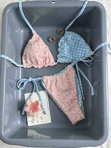 Swim Mod 女士泳装、度假和可爱比基尼、花卉棕色黄色沙滩装，适合女性外出、情人节度假、SS26夏季/西式风格、女士/俱乐部/休闲度假沙滩泳装 - 藕粉色 - 查看 3