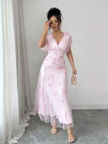 Elenzga 女士浅粉色网纱印花牡丹花卉长裙，带衬里，适合20-35岁以上女性出席正式晚宴、婚礼、情人节约会（随机花卉图案） - 粉色 - 查看 6