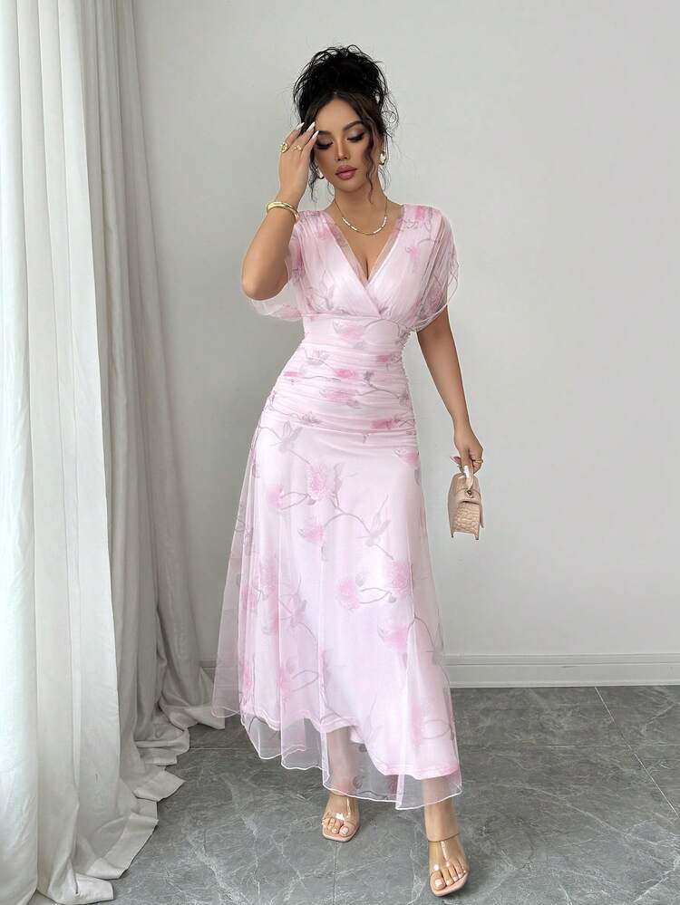Elenzga Women's Light Pink Mesh Printed Peony Floral Long Dress With Lining, Suitable For 20-35+ Women For Formal Evening Party, Wedding, Valentine's Date (Random Floral Print) - Pink - View 6