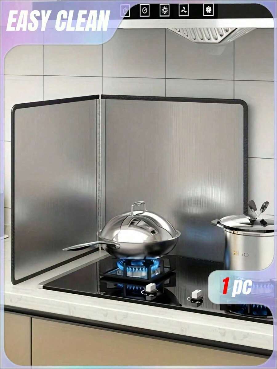 SHEIN 1PC Stainless Steel Kitchen Oil Splash Guard - Metal Anti Splatter Shield Guard - Stove Heat Insulation Baffle - Nonstick Oil Baffle Plate - Kitchen Cooking Gadgets