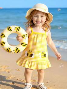 春夏女童休闲时尚创意个性清新可爱卡哇伊黄白格子蜜蜂图案印花无袖荷叶边连衣裙，舒适日常穿着 - 彩色 - 查看 1