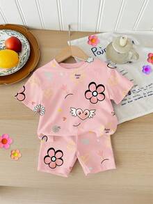 可爱涂鸦脸花卉爱心印花，少女休闲宽松圆领短袖T恤搭配修身骑行短裤套装，适合日常穿着、街头风、外出、居家、度假、返校、春夏等场合。 - 白色 - 查看 3