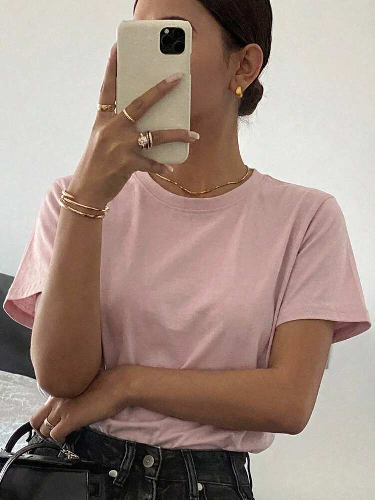 Women's Solid Color Round Neck Casual Versatile Short Sleeve T-Shirt