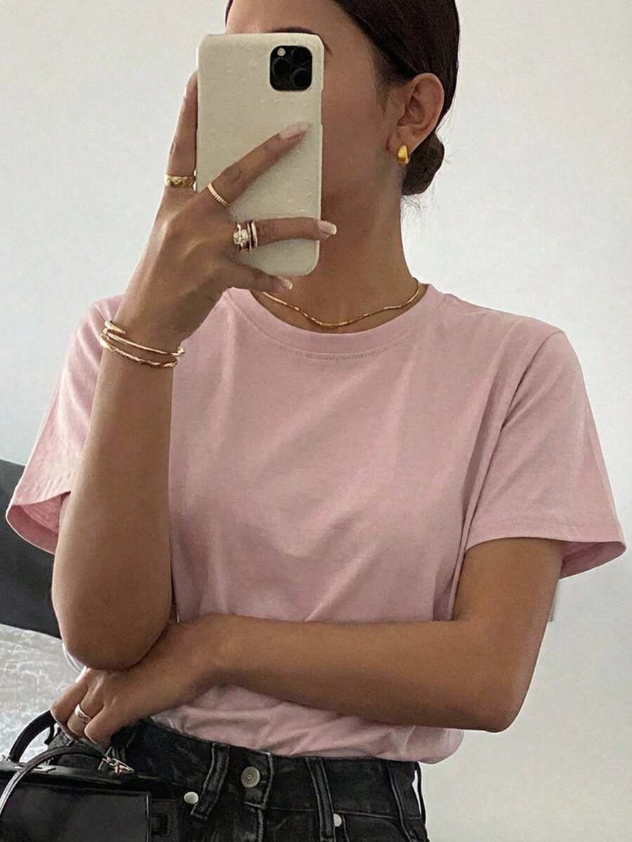 DAZY 女士纯色圆领休闲百搭短袖T恤 - 粉色 - 查看 1