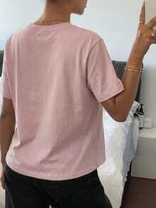 DAZY 女士纯色圆领休闲百搭短袖T恤 - 粉色 - 查看 5