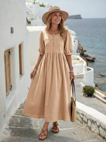 EMERY ROSE Đầm nữ tay ngắn cổ tròn màu trơn, kiểu dáng thường ngày - Màu be - Xem 6