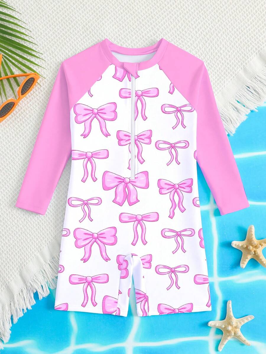 1 pieza Traje de baño de una pieza para niñas con shorts, estampado de mariposa, manga larga, diseño con cremallera frontal, adecuado para nadar, vacaciones de verano, playa - Multicolor - Ver 1