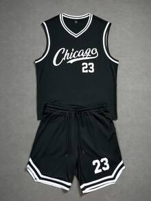 Aesthetic Post Men's Letter Striped V-Neck Tank Top And Shorts Casual Set - Black - View 3